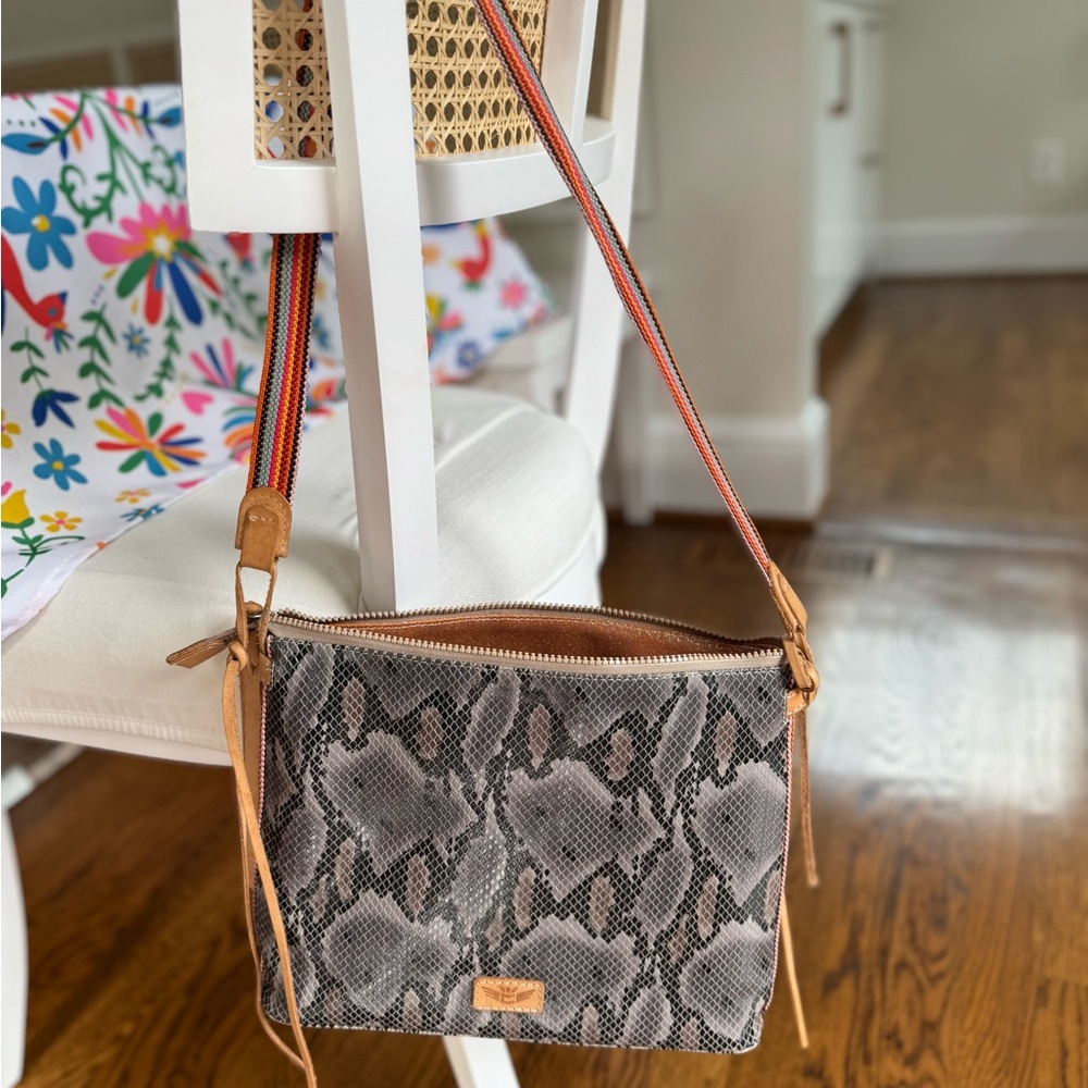 Consuela snake skin tote bad with colorful shoulder strap